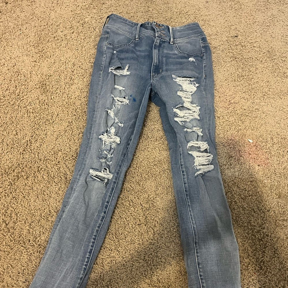 American Eagle Outfitters Blue Skinny Jeans with Distressed Details